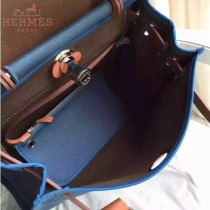 HERMES-0007 時尚新款herbag系列原單藍色帆布配土黃色牛皮大號手提單肩包