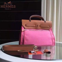 HERMES-0007-8 時尚新款herbag系列原單櫻花粉帆布配土黃色牛皮大號手提單肩包