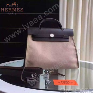 HERMES-0007-13 時尚新款herbag系列原單卡其色帆布配黑色牛皮大號手提單肩包