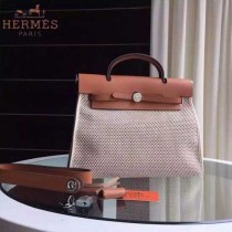 HERMES-0007-12 時尚新款herbag系列原單編織帆布配土黃色牛皮大號手提單肩包