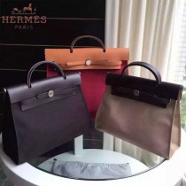 HERMES-0007-15 時尚新款herbag系列原單紅色帆布配土黃色牛皮大號手提單肩包