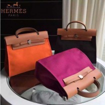HERMES-0007-6 時尚新款herbag系列原單橙色帆布配土黃色牛皮大號手提單肩包