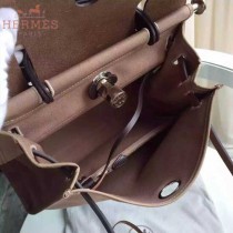 HERMES-0007-13 時尚新款herbag系列原單卡其色帆布配黑色牛皮大號手提單肩包