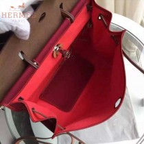 HERMES-0007-15 時尚新款herbag系列原單紅色帆布配土黃色牛皮大號手提單肩包