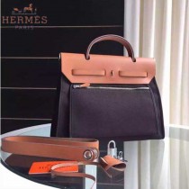 HERMES-0007-4 時尚新款herbag系列原單黑色帆布配土黃色牛皮大號手提單肩包