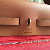 HERMES-0007-11 時尚新款herbag系列原單唇膏粉帆布配土黃色牛皮大號手提單肩包