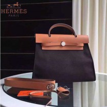 HERMES-0007-4 時尚新款herbag系列原單黑色帆布配土黃色牛皮大號手提單肩包
