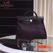 HERMES-0007-14 時尚新款herbag系列原單黑色帆布配黑色牛皮大號手提單肩包