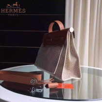 HERMES-0007-12 時尚新款herbag系列原單編織帆布配土黃色牛皮大號手提單肩包