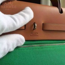 HERMES-0007-10 時尚新款herbag系列原單綠色帆布配土黃色牛皮大號手提單肩包