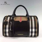 BURBERRY 5001176-2 傳統工藝復古House Check帆布配黑色皮中號保齡球包