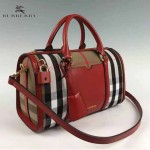 BURBERRY 5001176-3 傳統工藝復古House Check帆布配紅色皮中號保齡球包