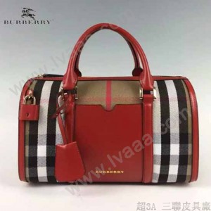 BURBERRY 5001176-3 傳統工藝復古House Check帆布配紅色皮中號保齡球包
