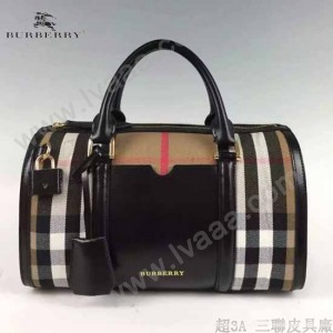 BURBERRY 5001176-2 傳統工藝復古House Check帆布配黑色皮中號保齡球包