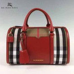 BURBERRY 5001176-3 傳統工藝復古House Check帆布配紅色皮中號保齡球包