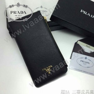 PRADA-0011-2 名媛必備新款黑色十字紋原版皮多卡位長款錢包