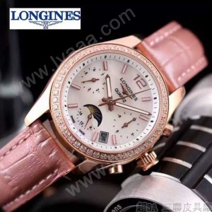 Longines-91-12 歐美百搭間玫瑰金系列粉色鑲鑽皮帶款進口石英腕錶