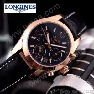 Longines-91-19 歐美百搭玫瑰金配黑色皮帶款進口石英腕錶