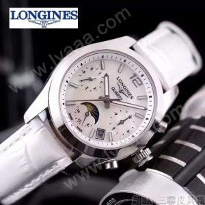 Longines-91-20 歐美百搭闪亮银配白色皮帶款進口石英腕錶