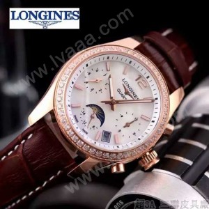 Longines-91-13 歐美百搭間玫瑰金系列褐色鑲鑽皮帶款進口石英腕錶