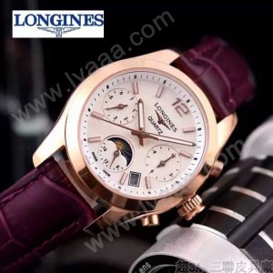 Longines-91-16 歐美百搭玫瑰金配紫色皮帶款進口石英腕錶