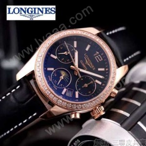 Longines-91-10 歐美百搭間玫瑰金系列黑色配黑底鑲鑽皮帶款進口石英腕錶
