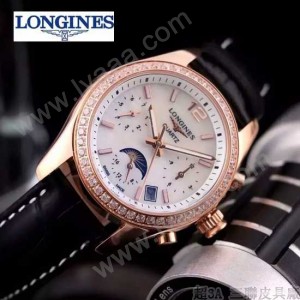 Longines-91-11 歐美百搭間玫瑰金系列黑色鑲鑽皮帶款進口石英腕錶