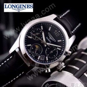 Longines-91-21 歐美百搭閃亮銀配黑色皮帶款進口石英腕錶