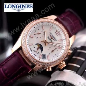 Longines-91-14 歐美百搭間玫瑰金系列紫色鑲鑽皮帶款進口石英腕錶