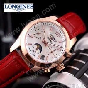Longines-91-17 歐美百搭玫瑰金配红色皮帶款進口石英腕錶