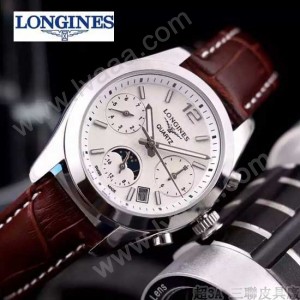Longines-91-22 歐美百搭閃亮銀配褐色皮帶款進口石英腕錶
