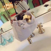 HERMES-00034 時尚輕便實用帆布配牛皮束口袋收納袋化妝包
