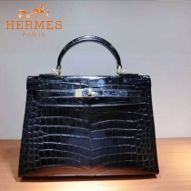 HERMES-00053 專櫃新款原版高光头层牛皮鳄鱼纹凯莉包