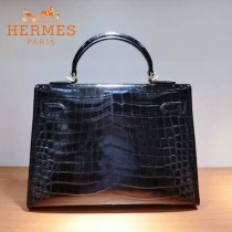 HERMES-00053 專櫃新款原版高光头层牛皮鳄鱼纹凯莉包