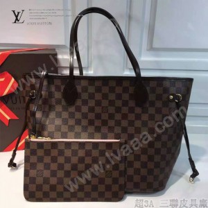 LV N4163 專櫃新款NEVERFULL原單咖啡格配粉色內裡中號購物袋