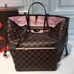 LV N4163 專櫃新款NEVERFULL原單咖啡格配粉色內裡中號購物袋
