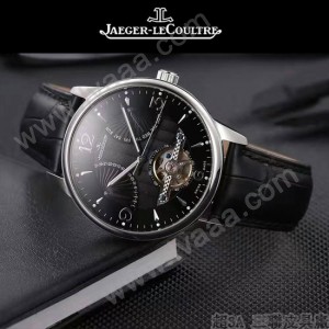 JAEGER-048-6 時尚男士閃亮銀配黑底真牛皮錶帶全自動機械腕錶