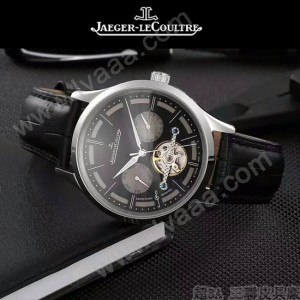 JAEGER-048-11 時尚男士閃亮銀配黑底真牛皮錶帶全自動機械腕錶