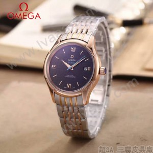 OMEGA-174-10 時尚經典蝶飛系列玫瑰金間銀配黑底鋼帶款全自動機械腕錶