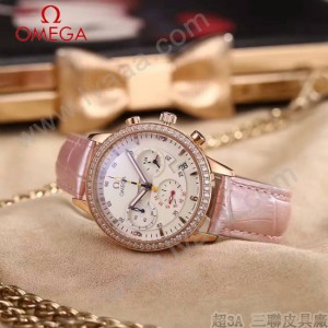 OMEGA-176-4 時尚女士粉色配白底礦物質強化玻璃進口石英腕錶
