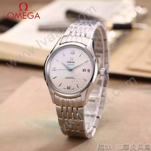 OMEGA-174-14 時尚經典蝶飛系列閃亮銀配白底鋼帶款全自動機械腕錶
