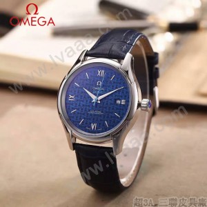 OMEGA-174-5 時尚經典蝶飛系列閃亮銀配藍底皮帶款全自動機械腕錶