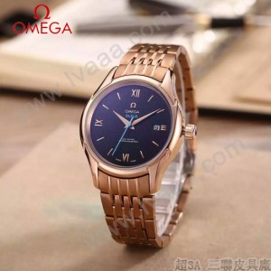 OMEGA-174-17 時尚經典蝶飛系列玫瑰金配黑底鋼帶款全自動機械腕錶