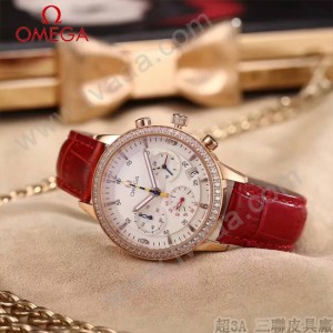 OMEGA-176-3 時尚女士紅色配白底礦物質強化玻璃進口石英腕錶