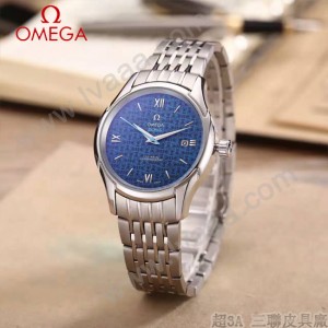 OMEGA-174-15 時尚經典蝶飛系列閃亮銀配藍底鋼帶款全自動機械腕錶