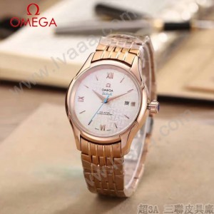 OMEGA-174-16 時尚經典蝶飛系列玫瑰金配白底鋼帶款全自動機械腕錶