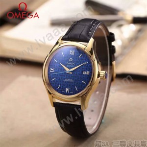 OMEGA-174-8 時尚經典蝶飛系列土豪金配藍底皮帶款全自動機械腕錶