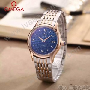 OMEGA-174-11 時尚經典蝶飛系列玫瑰金間銀配藍底鋼帶款全自動機械腕錶