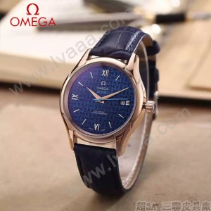 OMEGA-174-7 時尚經典蝶飛系列玫瑰金配藍底皮帶款全自動機械腕錶
