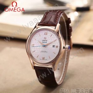 OMEGA-174-2 時尚經典蝶飛系列玫瑰金配白底皮帶款全自動機械腕錶